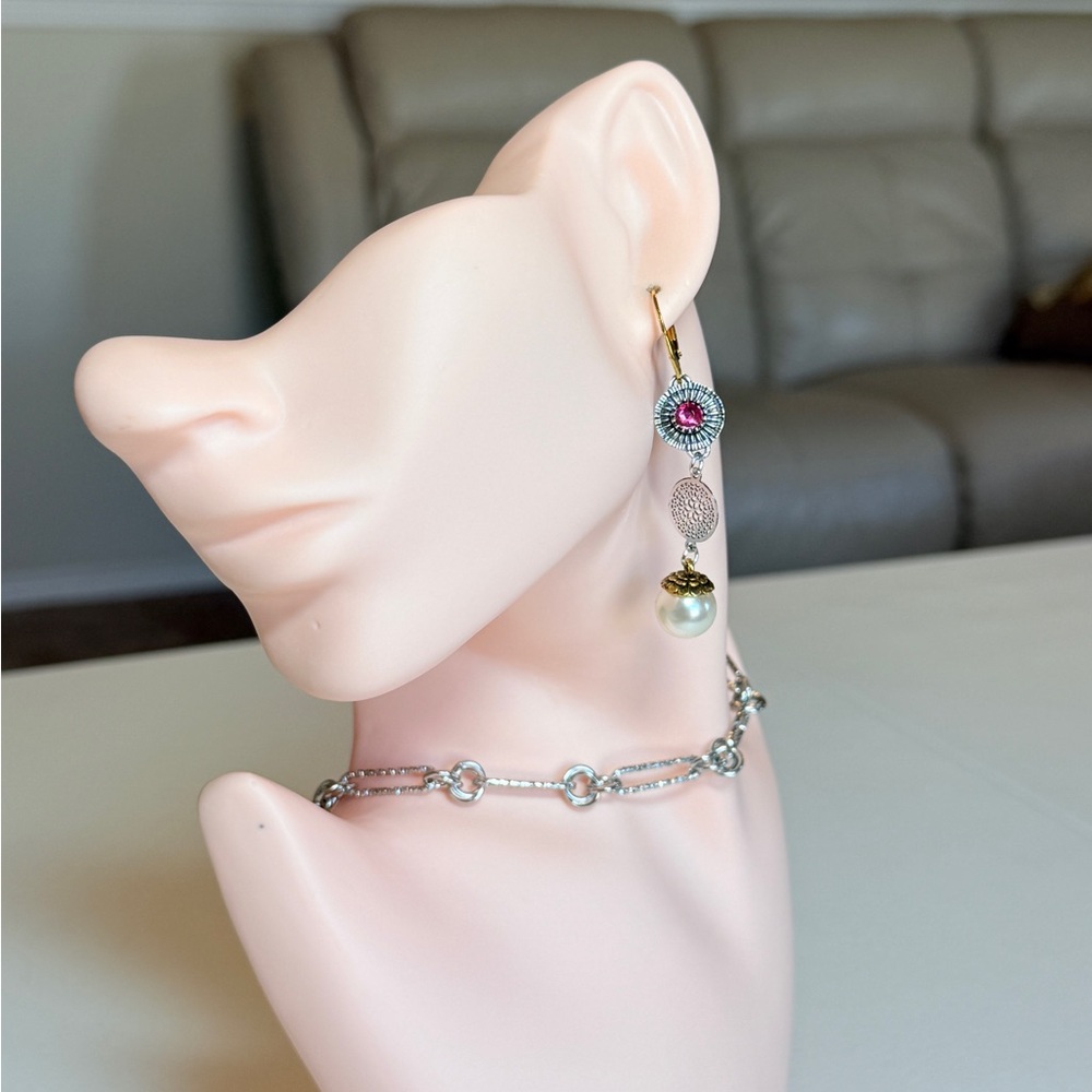 Pearl Drop Dangle Earrings with Pink Crystal Accent - Picture 3 of 9